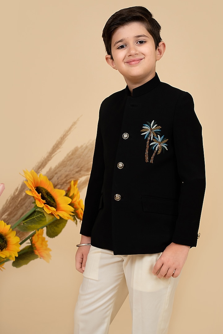 Black Suiting Motifs Embroidered Bandhgala Set For Boys by Little Boys Closet at Pernia's Pop Up Shop