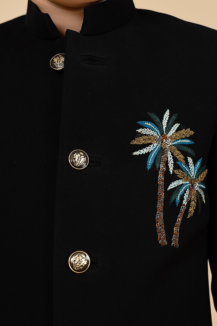 Black Suiting Motifs Embroidered Bandhgala Set For Boys by Little Boys Closet at Pernia's Pop Up Shop