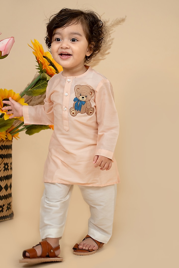 Beige Pink Cotton Silk Teddy Bear Embroidered Kurta Set For Boys by Little Boys Closet