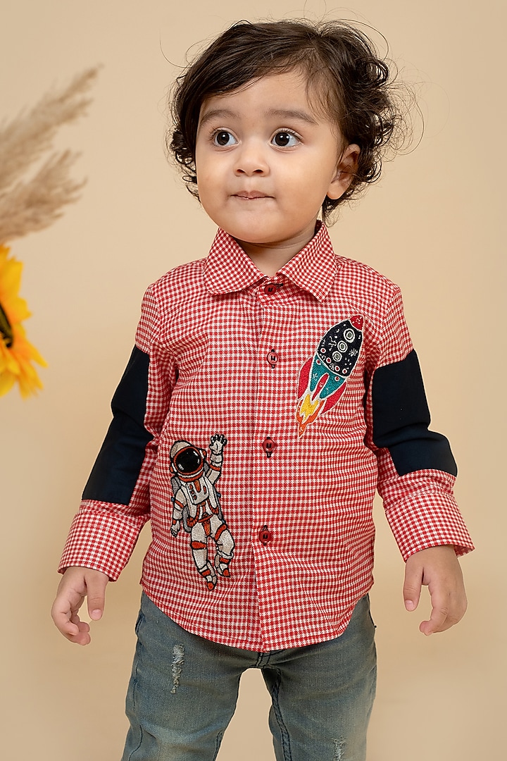 Red Cotton Satin Motifs Embroidered Color Block Shirt For Boys by Little Boys Closet