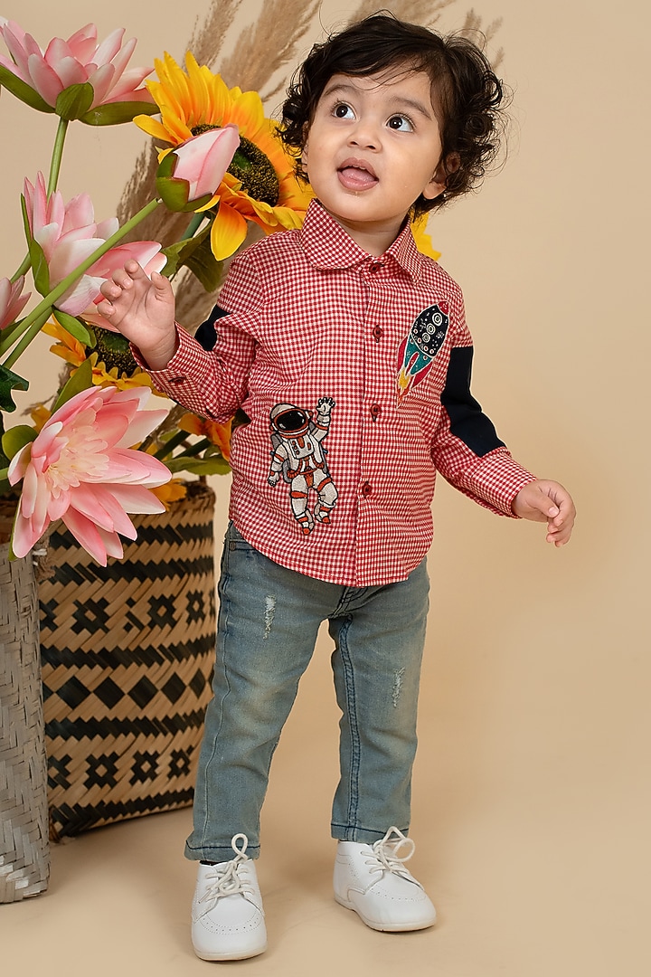 Red Cotton Satin Motifs Embroidered Color Block Shirt For Boys by Little Boys Closet at Pernia's Pop Up Shop