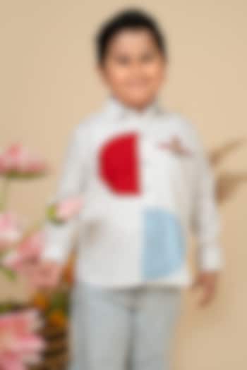 White Cotton Satin Motifs Embroidered Shirt For Boys by Little Boys Closet