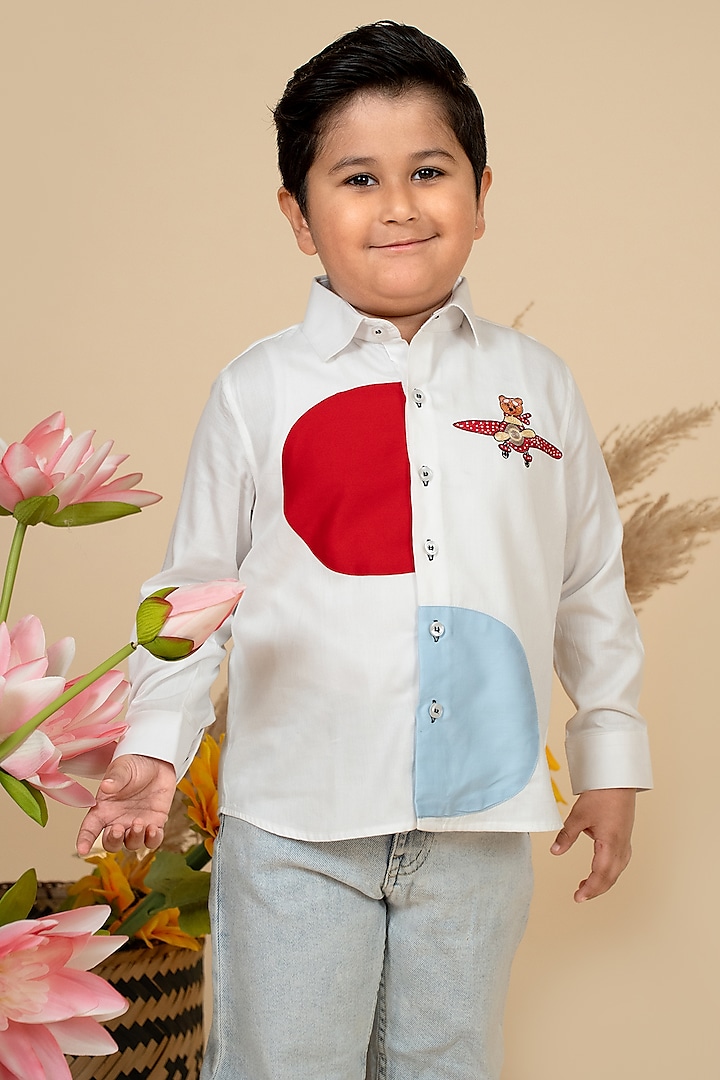 White Cotton Satin Motifs Embroidered Shirt For Boys by Little Boys Closet