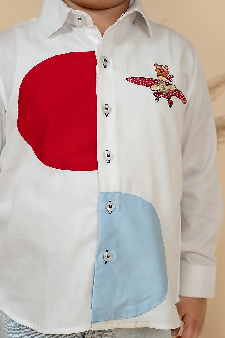 White Cotton Satin Motifs Embroidered Shirt For Boys by Little Boys Closet at Pernia's Pop Up Shop