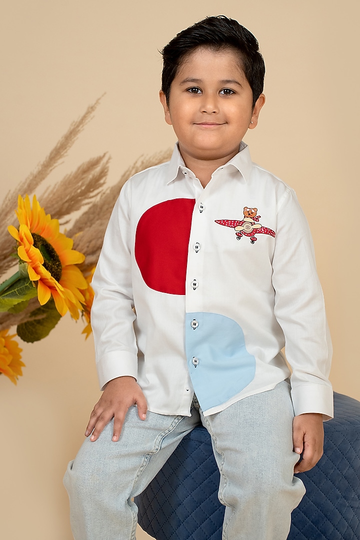 White Cotton Satin Motifs Embroidered Shirt For Boys by Little Boys Closet at Pernia's Pop Up Shop
