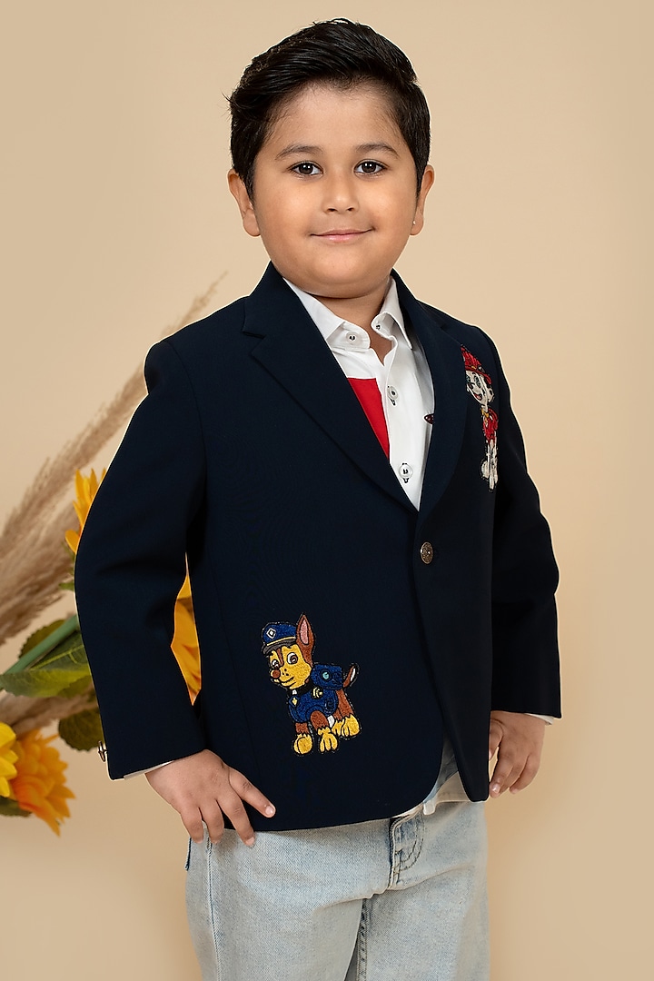 Navy Blue Suiting Motifs Embroidered Blazer For Boys by Little Boys Closet