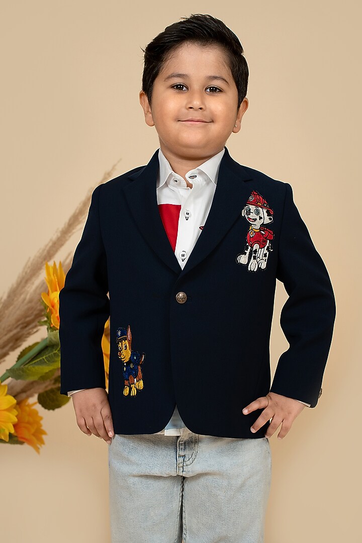 Navy Blue Suiting Motifs Embroidered Blazer For Boys by Little Boys Closet at Pernia's Pop Up Shop