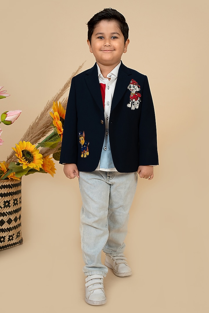 Navy Blue Suiting Motifs Embroidered Blazer For Boys by Little Boys Closet at Pernia's Pop Up Shop