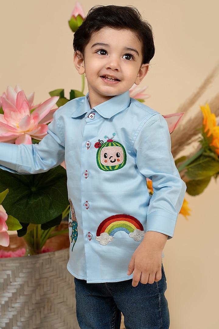 Sky Blue Cotton Satin Motifs Embroidered Shirt For Boys by Little Boys Closet