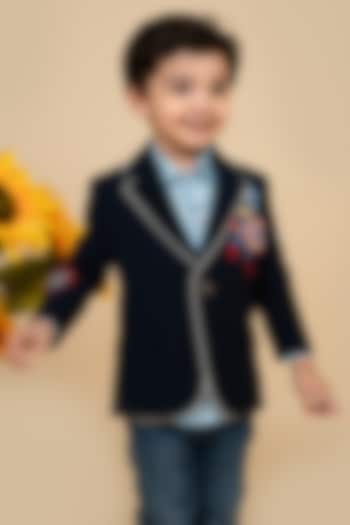 Navy Blue Suiting Motifs Embroidered Blazer For Boys by Little Boys Closet