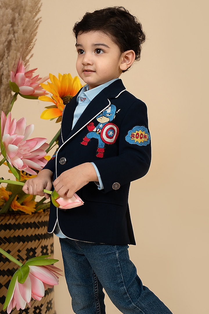 Navy Blue Suiting Motifs Embroidered Blazer For Boys by Little Boys Closet at Pernia's Pop Up Shop
