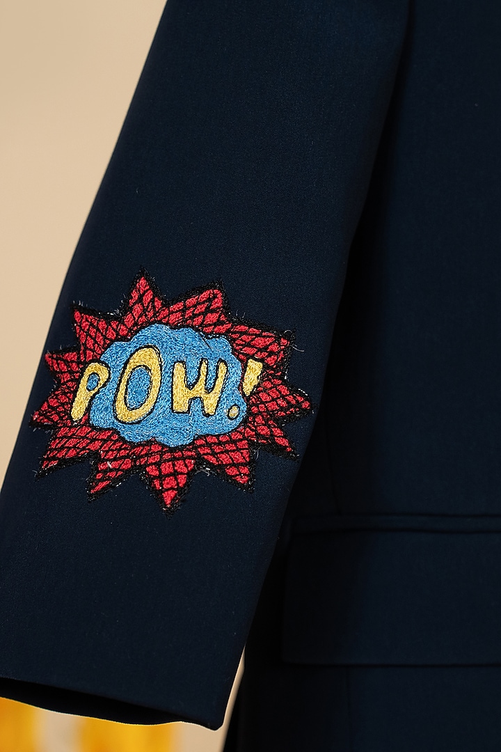 Navy Blue Suiting Motifs Embroidered Blazer For Boys by Little Boys Closet at Pernia's Pop Up Shop
