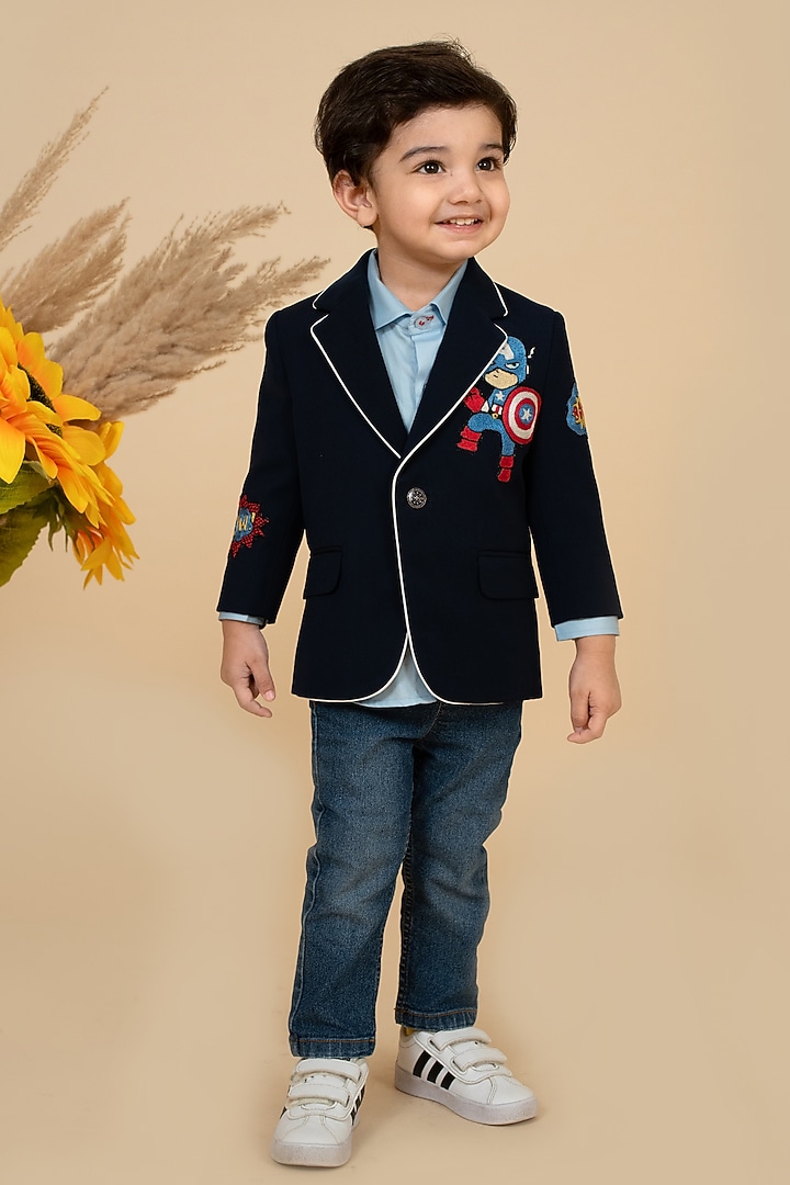 Navy Blue Suiting Motifs Embroidered Blazer For Boys by Little Boys Closet at Pernia's Pop Up Shop