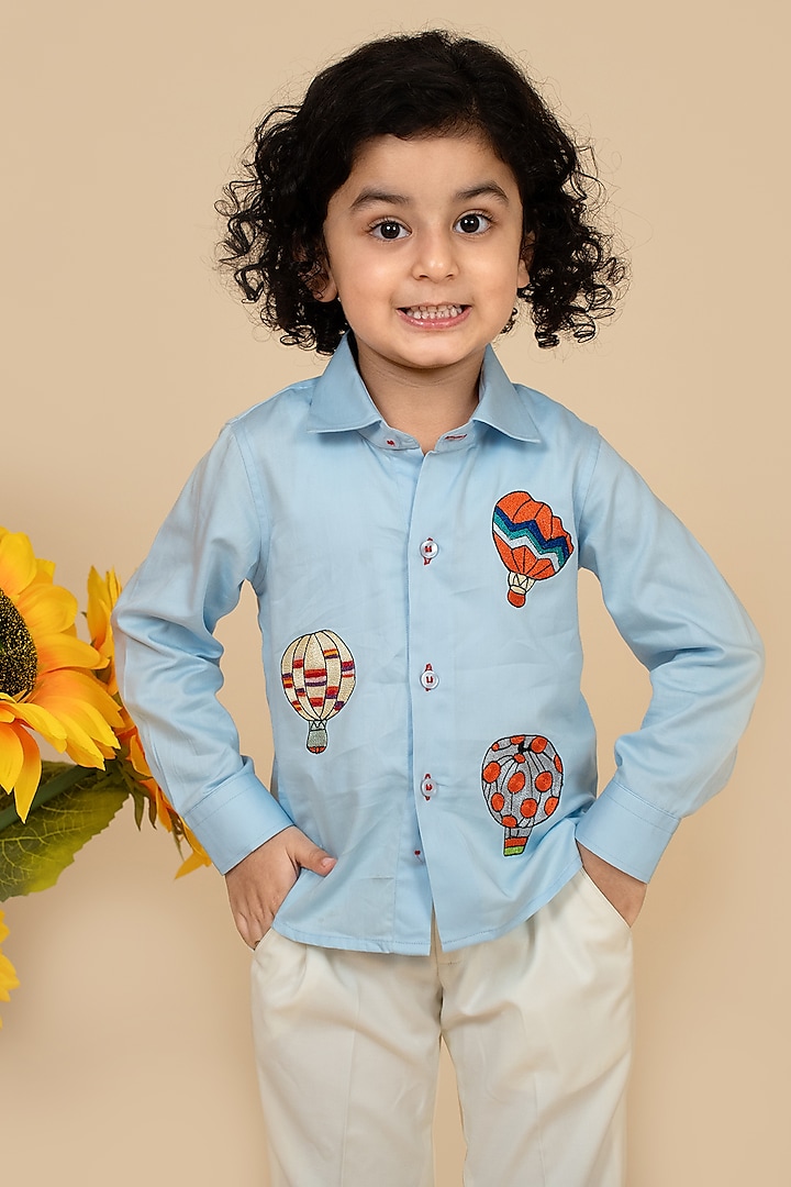 Sky Blue Cotton Satin Embroidered Shirt For Boys by Little Boys Closet