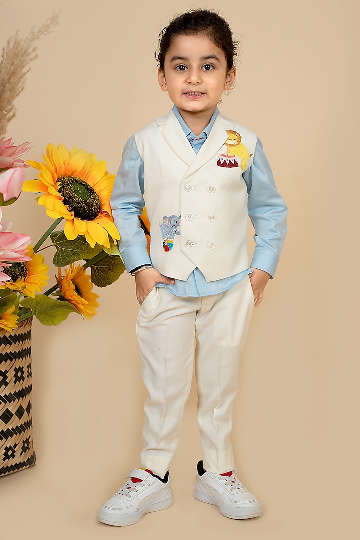 Off-White Suiting Motifs Embroidered Waistcoat Set For Boys by Little Boys Closet