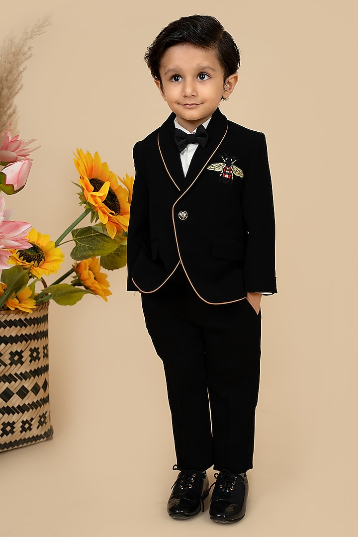 Black Suiting Sandwash & Poly Mix Motifs Embroidered Tuxedo Set For Boys by Little Boys Closet