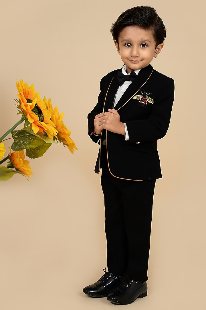 Black Suiting Sandwash & Poly Mix Motifs Embroidered Tuxedo Set For Boys by Little Boys Closet at Pernia's Pop Up Shop