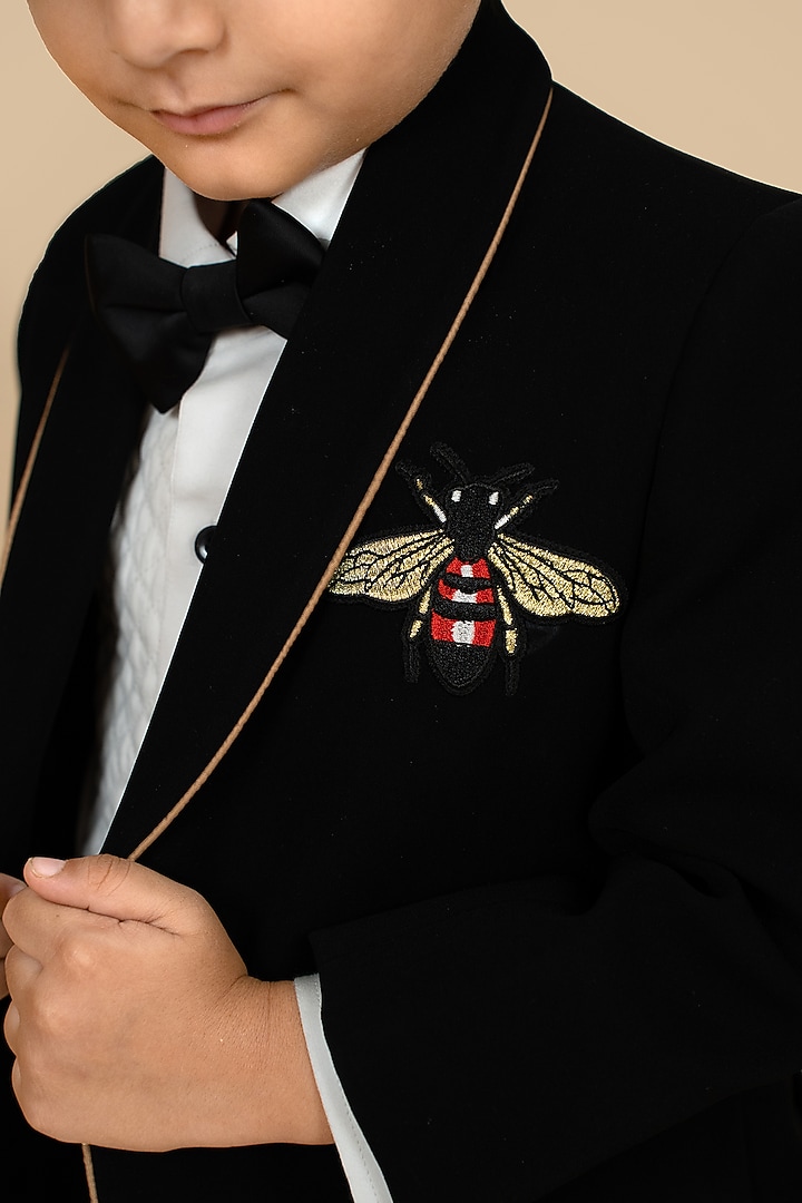 Black Suiting Sandwash & Poly Mix Motifs Embroidered Tuxedo Set For Boys by Little Boys Closet at Pernia's Pop Up Shop