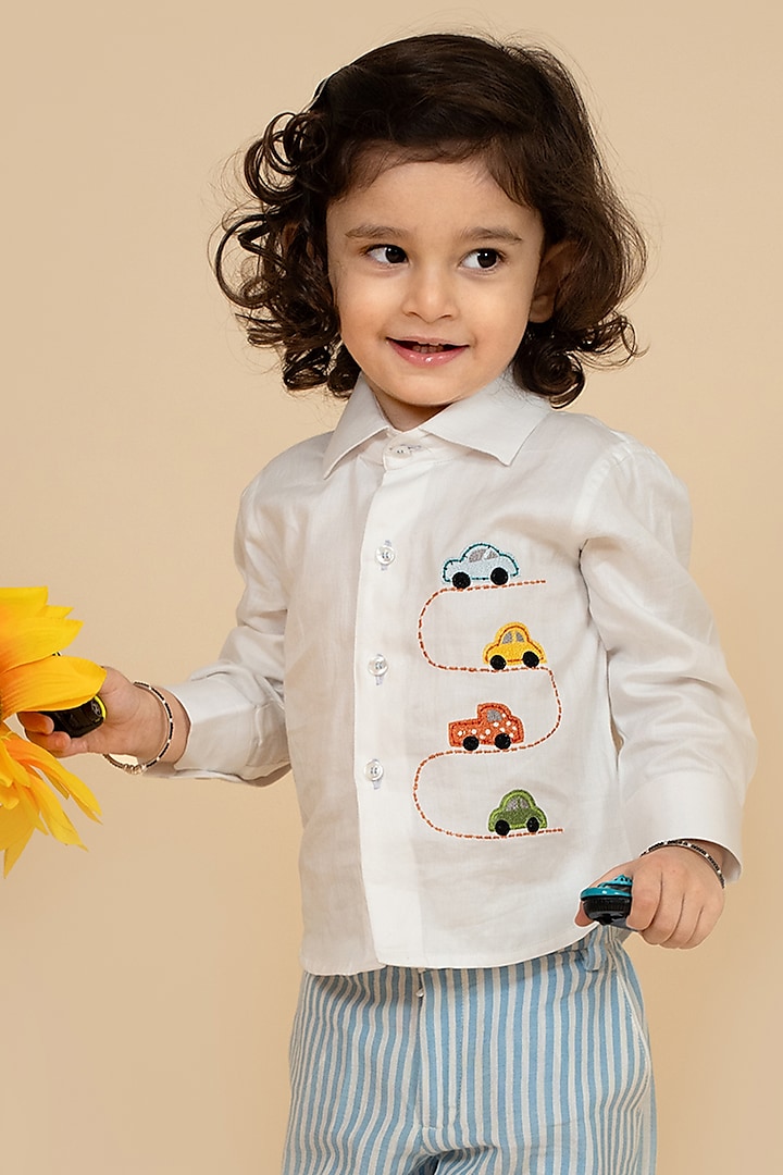 White Cotton Satin Embroidered Shirt For Boys by Little Boys Closet