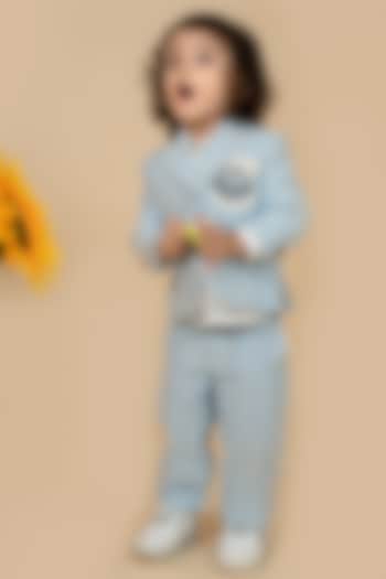 Blue Suiting Zardosi & Patchwork Striped Blazer Set by Little Boys Closet