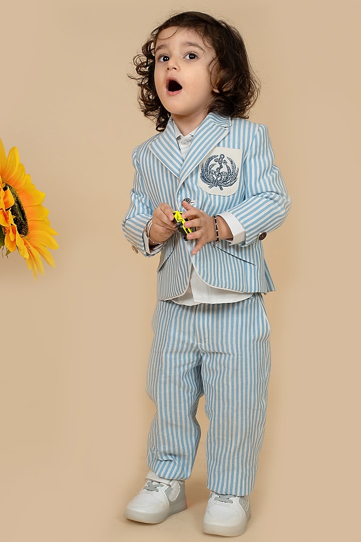 Blue Suiting Zardosi & Patchwork Striped Blazer Set by Little Boys Closet