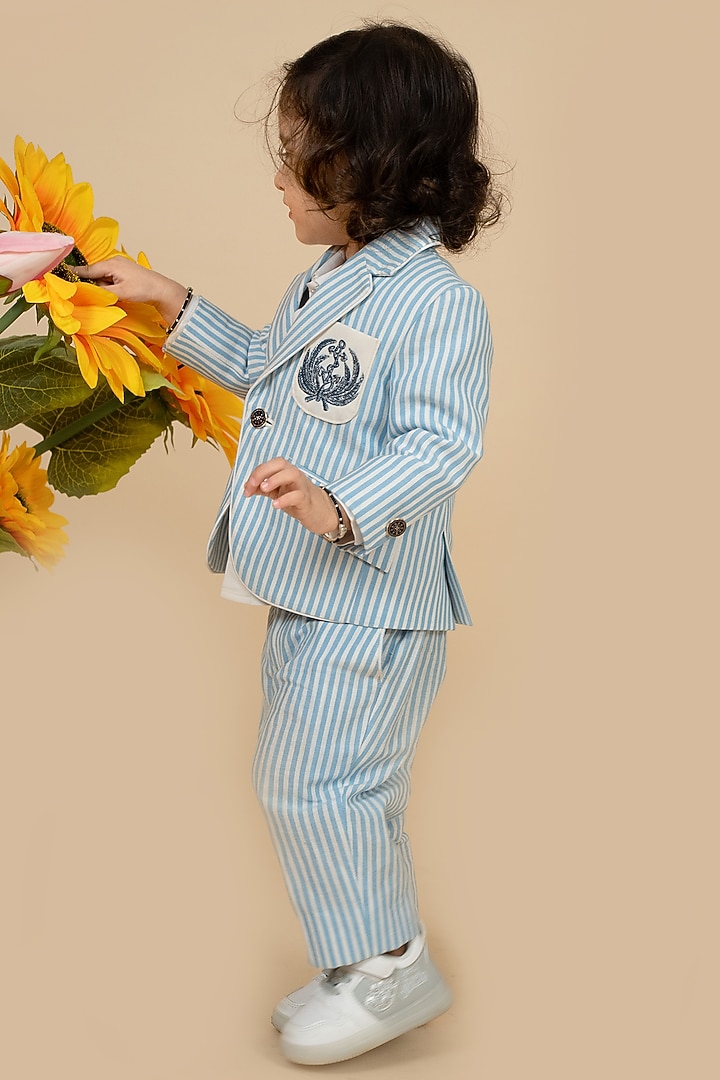 Blue Suiting Zardosi & Patchwork Striped Blazer Set by Little Boys Closet at Pernia's Pop Up Shop