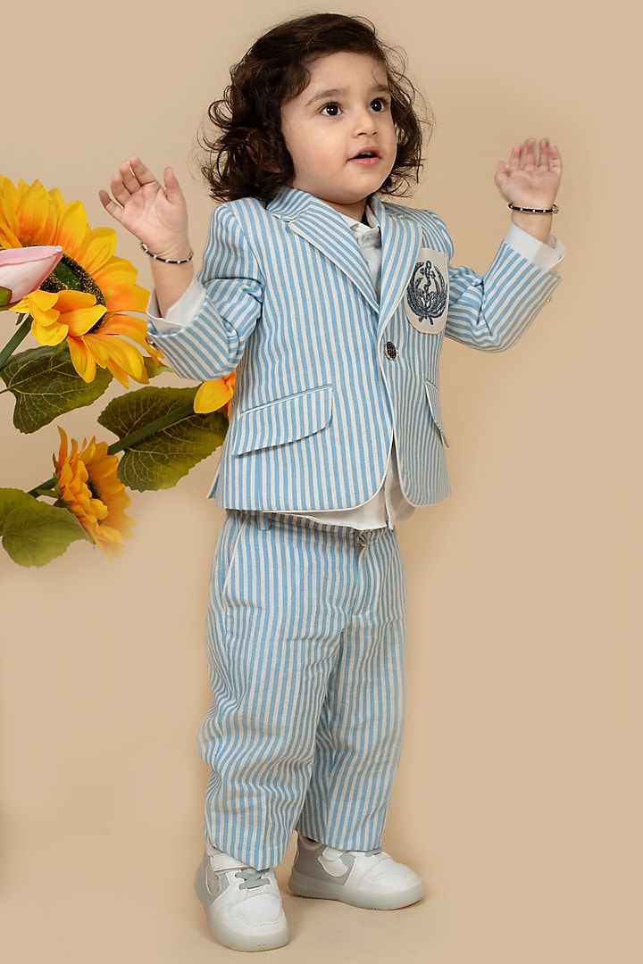 Blue Suiting Zardosi & Patchwork Striped Blazer Set by Little Boys Closet at Pernia's Pop Up Shop