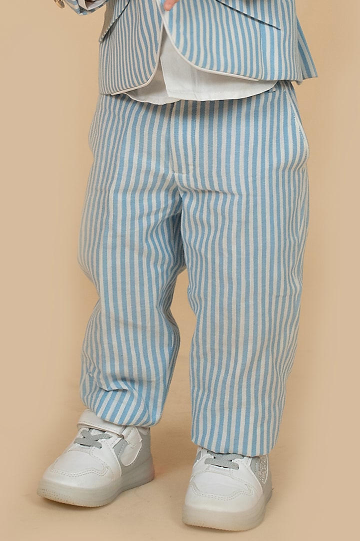 Blue Suiting Zardosi & Patchwork Striped Blazer Set by Little Boys Closet at Pernia's Pop Up Shop