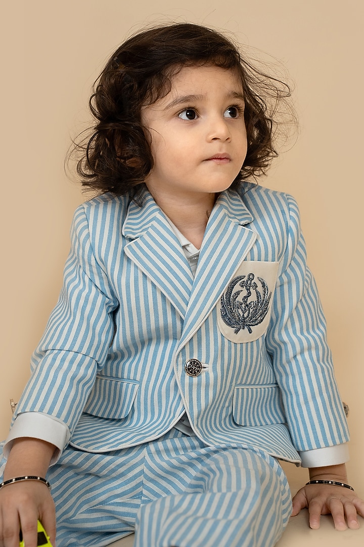 Blue Suiting Zardosi & Patchwork Striped Blazer Set by Little Boys Closet at Pernia's Pop Up Shop