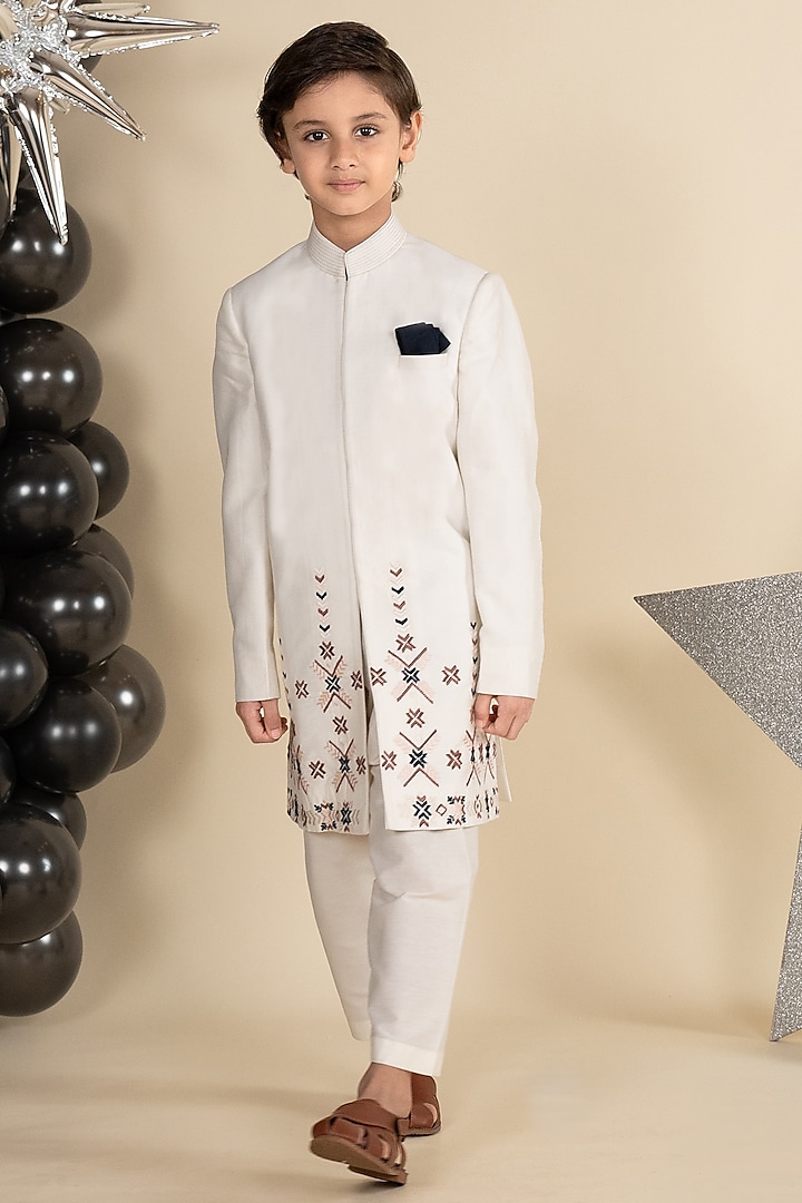 Ivory Cotton Silk Embroidered Sherwani Set For Boys by Little Boys Closet at Pernia's Pop Up Shop