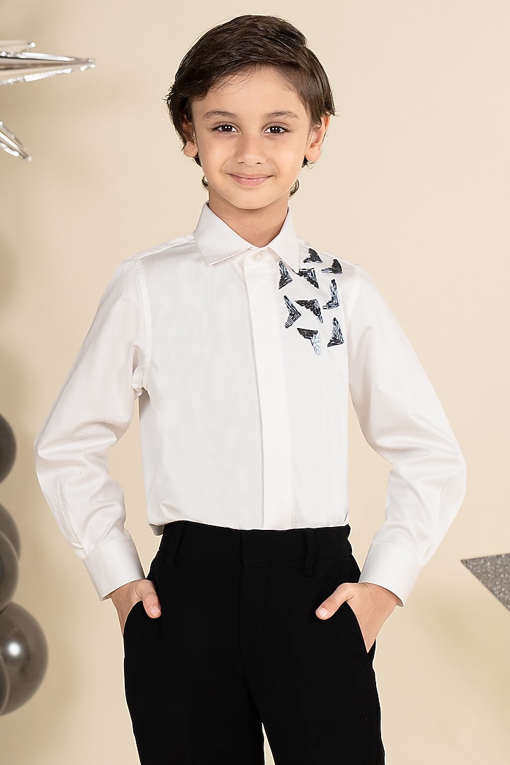 White Cotton Cutdana Hand Embroidered Shirt For Boys by Little Boys Closet at Pernia's Pop Up Shop