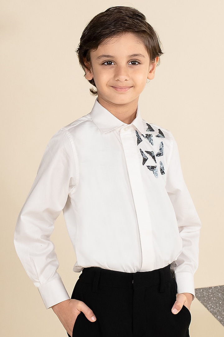 White Cotton Cutdana Hand Embroidered Shirt For Boys by Little Boys Closet at Pernia's Pop Up Shop