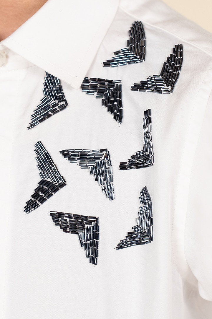 White Cotton Cutdana Hand Embroidered Shirt For Boys by Little Boys Closet at Pernia's Pop Up Shop