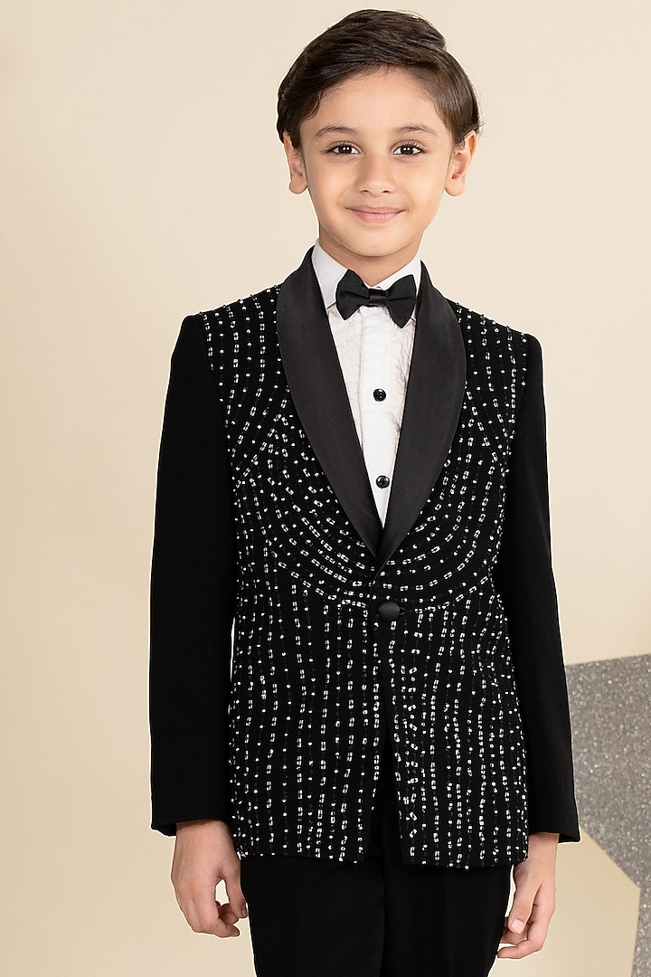 Black Sandwash Suiting Hand Embroidered Tuxedo Set For Boys by Little Boys Closet at Pernia's Pop Up Shop