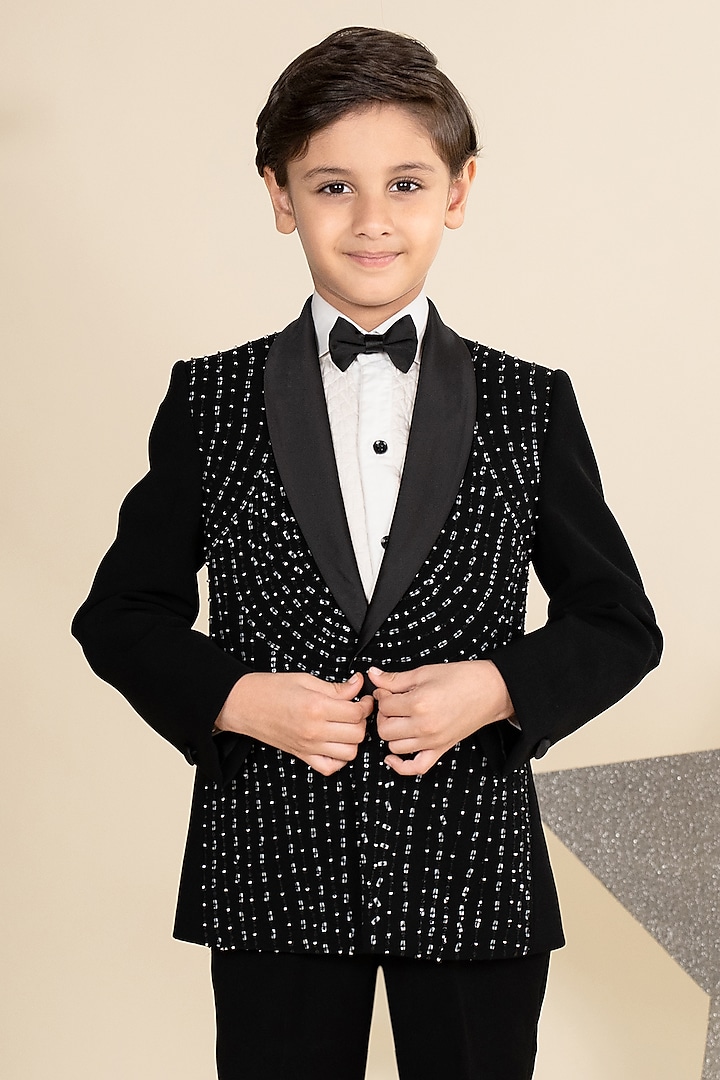 Black Sandwash Suiting Hand Embroidered Tuxedo Set For Boys by Little Boys Closet at Pernia's Pop Up Shop