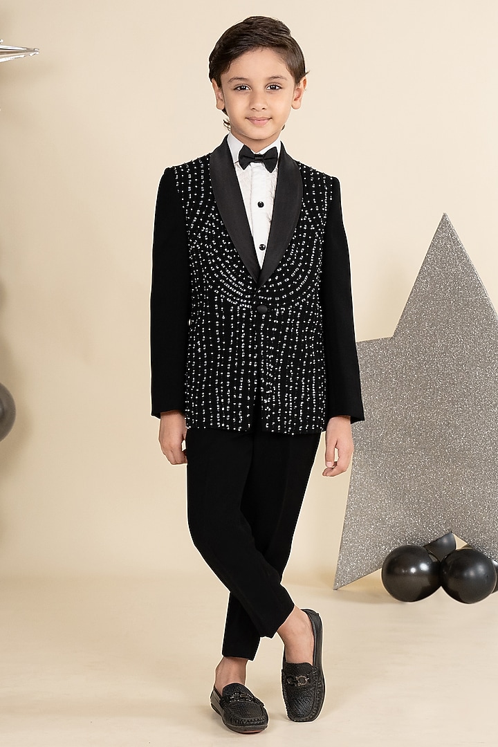 Black Sandwash Suiting Hand Embroidered Tuxedo Set For Boys by Little Boys Closet at Pernia's Pop Up Shop
