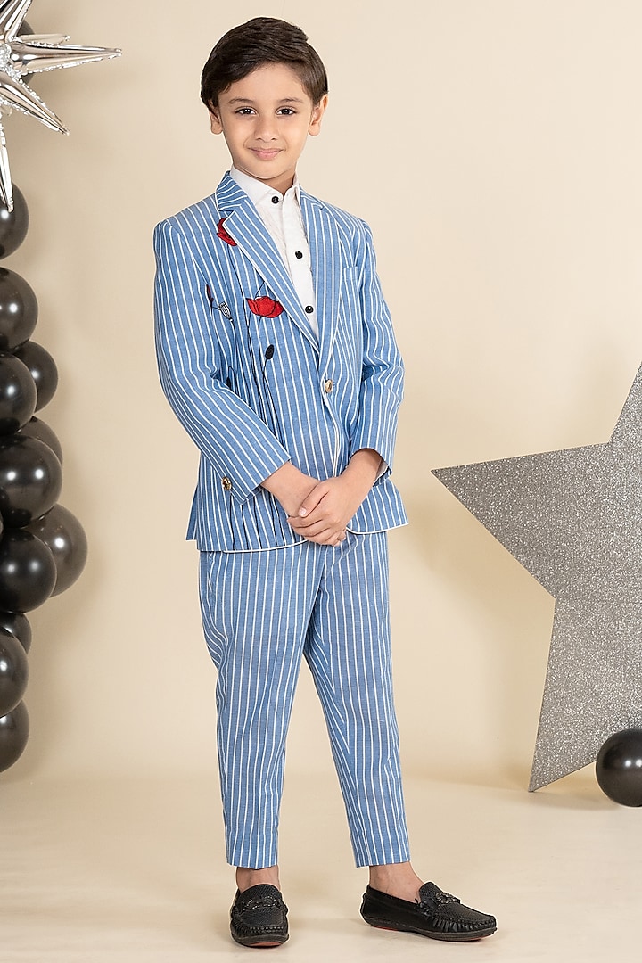 Blue & White Linen Suiting Stripe Embroidered Blazer Set For Boys by Little Boys Closet at Pernia's Pop Up Shop