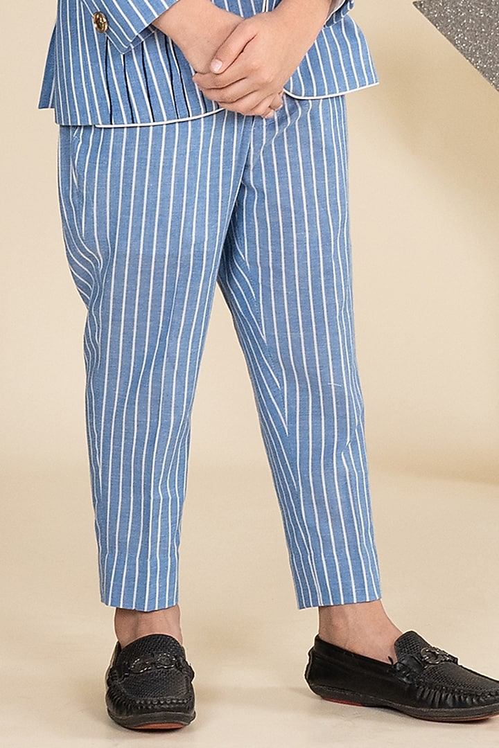 Blue & White Linen Suiting Stripe Embroidered Blazer Set For Boys by Little Boys Closet at Pernia's Pop Up Shop