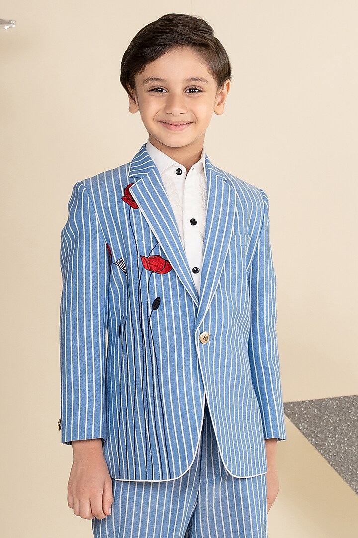 Blue & White Linen Suiting Stripe Embroidered Blazer Set For Boys by Little Boys Closet at Pernia's Pop Up Shop