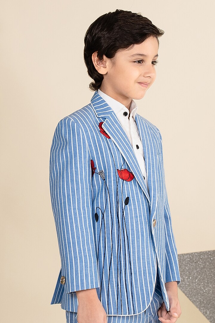 Blue & White Linen Suiting Stripe Embroidered Blazer Set For Boys by Little Boys Closet at Pernia's Pop Up Shop