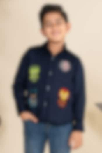 Navy Blue Cotton Satin Embroidered Shirt For Boys by Little Boys Closet