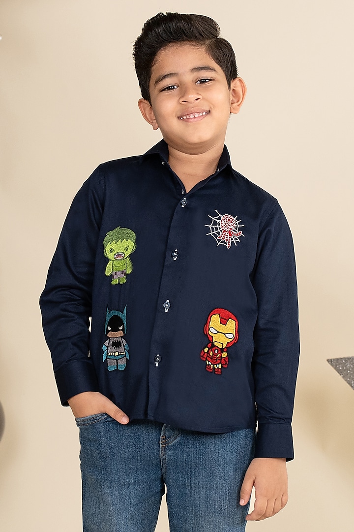 Navy Blue Cotton Satin Embroidered Shirt For Boys by Little Boys Closet