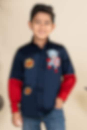 Navy Blue Cotton Satin Motif Embroidered Color-Blocked Shirt For Boys by Little Boys Closet at Pernia's Pop Up Shop