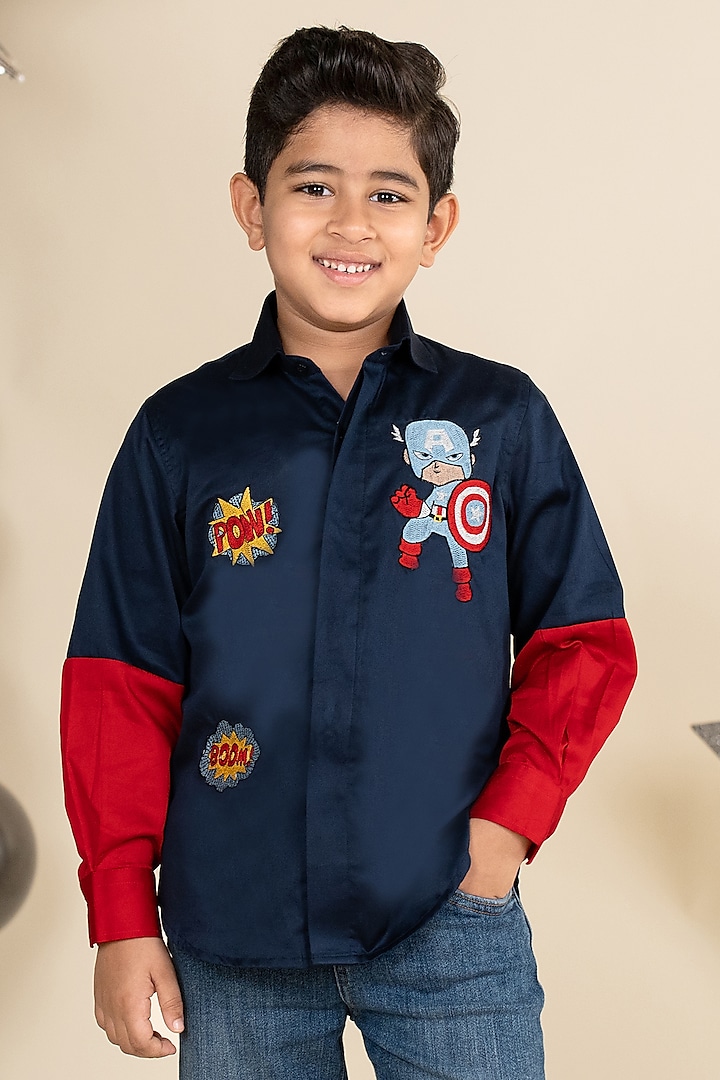 Navy Blue Cotton Satin Motif Embroidered Color-Blocked Shirt For Boys by Little Boys Closet at Pernia's Pop Up Shop