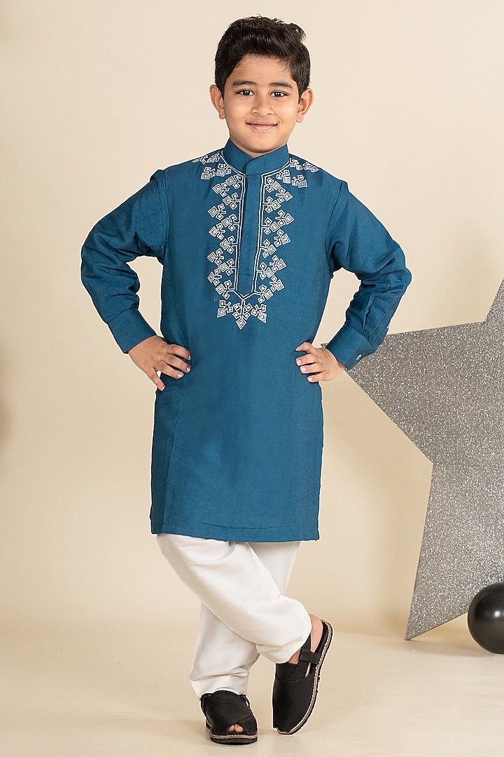 Teal Blue Cotton Silk Embroidered Kurta Set For Boys by Little Boys Closet at Pernia's Pop Up Shop