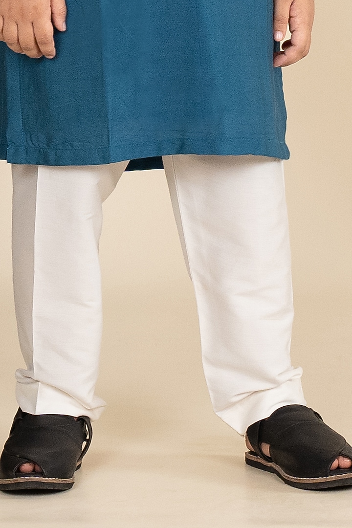 Teal Blue Cotton Silk Embroidered Kurta Set For Boys by Little Boys Closet at Pernia's Pop Up Shop