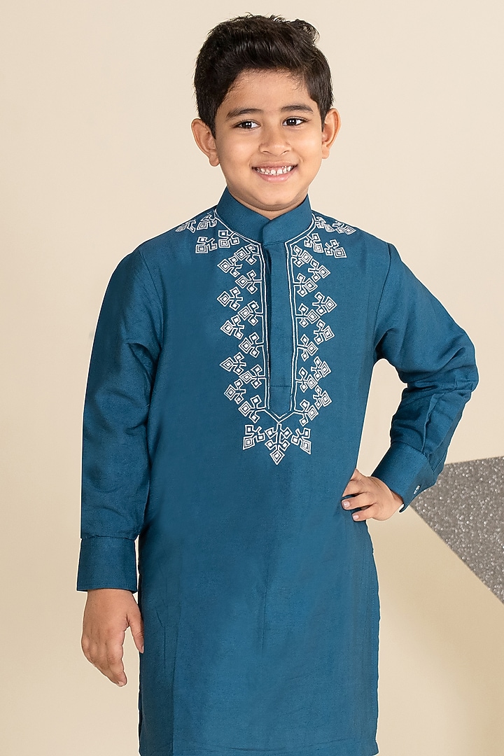 Teal Blue Cotton Silk Embroidered Kurta Set For Boys by Little Boys Closet at Pernia's Pop Up Shop