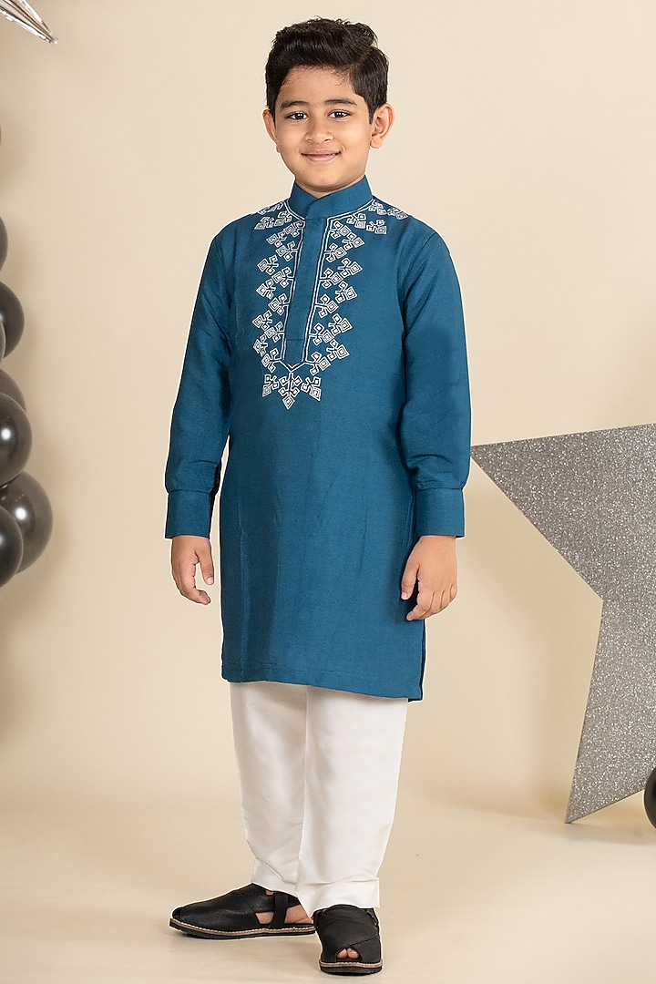 Teal Blue Cotton Silk Embroidered Kurta Set For Boys by Little Boys Closet at Pernia's Pop Up Shop