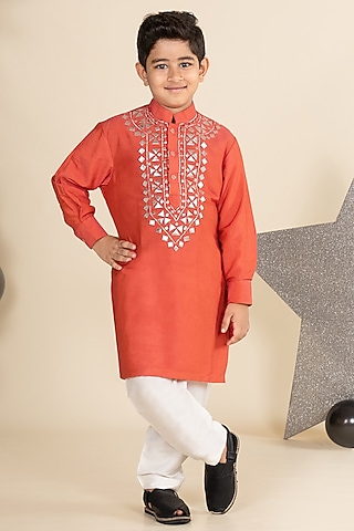 Rust Orange Cotton Silk Motif Embroidered Kurta Set For Boys by Little Boys Closet