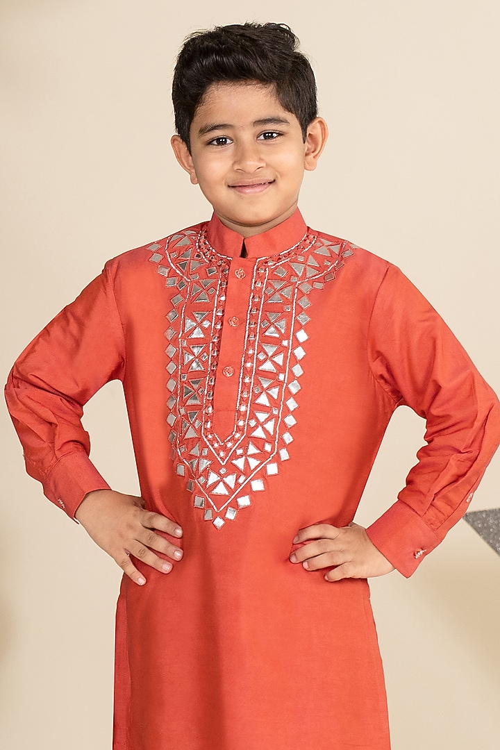 Rust Orange Cotton Silk Motif Embroidered Kurta Set For Boys by Little Boys Closet at Pernia's Pop Up Shop